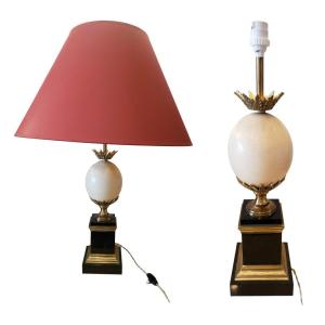 Maison Charles Lamp Composed Of An Ostrich Egg With Gilt Bronze And Marble Elements