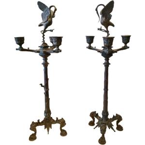 Auguste Maximilien Defontaine Pair Of Tripod Candelabra In Bronze XIXth