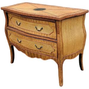 Louis XV Curved Commode Dal Vera In Straw Marquetry And Braided Rattan Circa 1940/1950