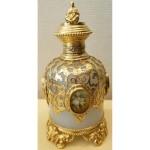Exceptionnel & Rare Flacon A Parfum Opaline Et Bronze Doré XIXeme 