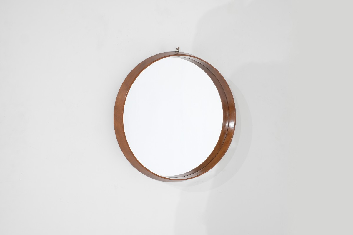 Miroir rond vintage en bois italien, Italie, années 1960s.