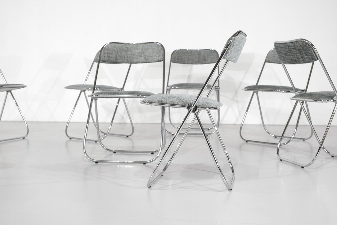 Série de 9 chaises pliantes chromées avec tissu des années 1970s .-photo-3