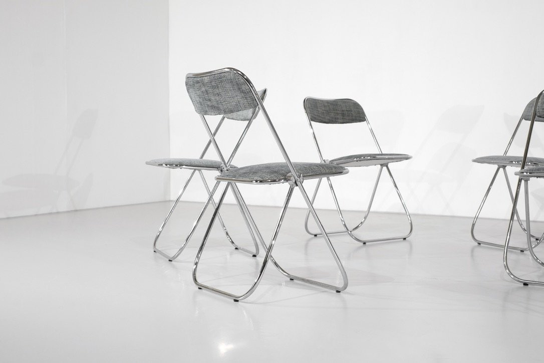 Série de 9 chaises pliantes chromées avec tissu des années 1970s .-photo-4