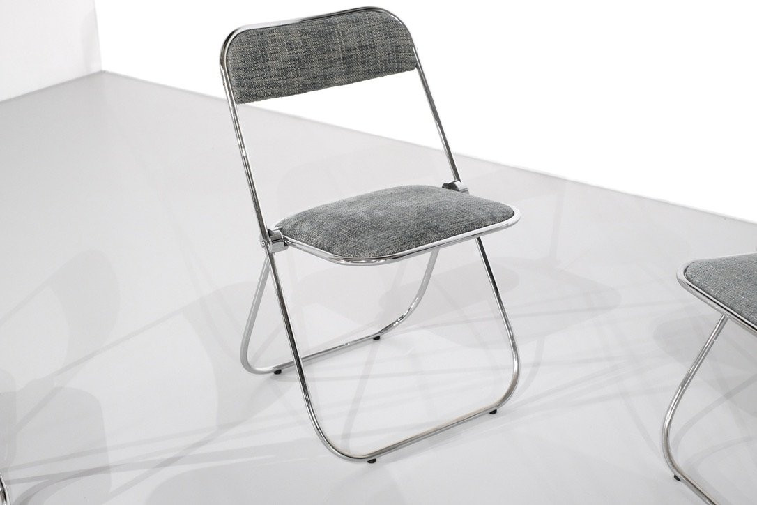 Série de 9 chaises pliantes chromées avec tissu des années 1970s .-photo-1