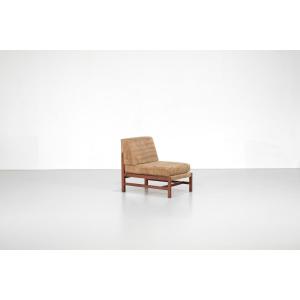 Wooden Armchair Upholstered In Fabric, Italy, 1960s.