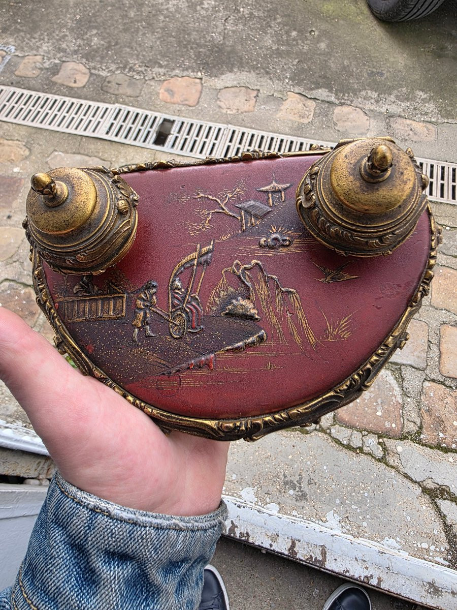 Encrier en Bronze Doré et Laque de Chine, Circa 1880-photo-3