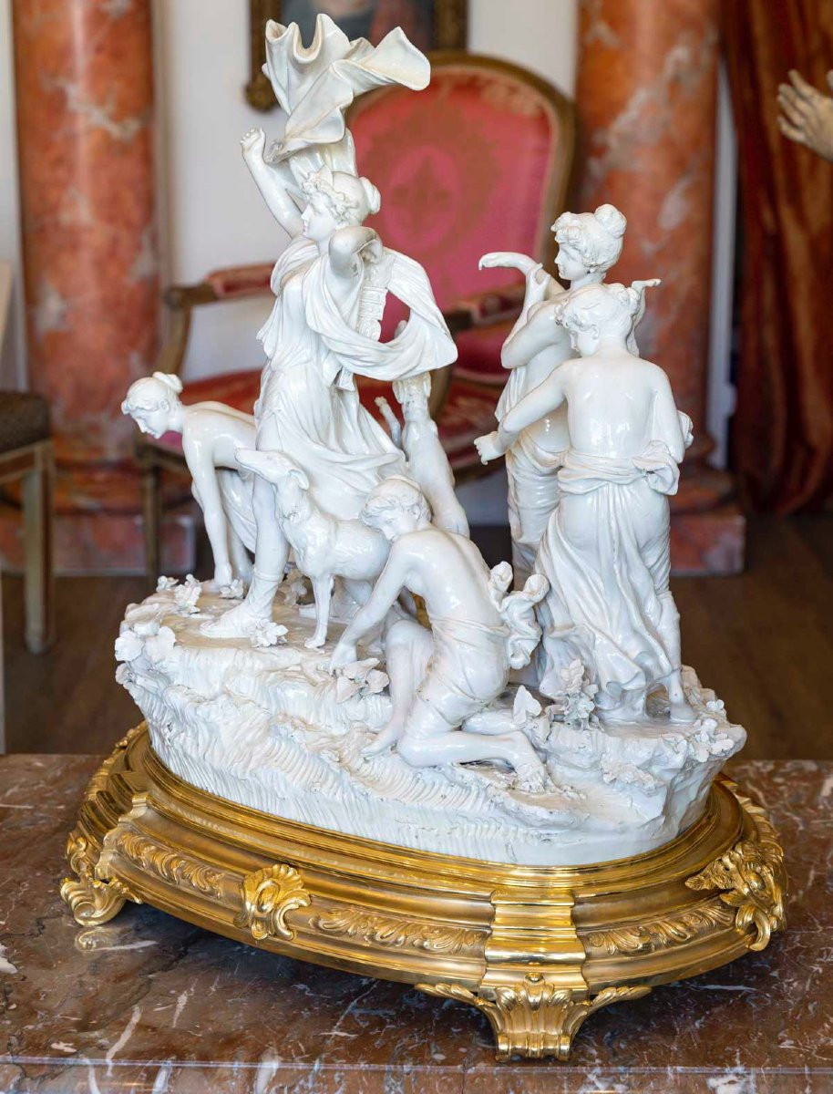 Diane Chasseresse et ses Nymphes, Important Groupe en Porcelaine émaillée, Circa 1860-photo-2