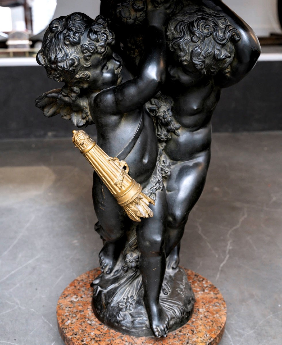 Psyche And Cupid, Auguste Moreau (1834-1917), A Bronze And Granit Marble Gueridon-photo-3