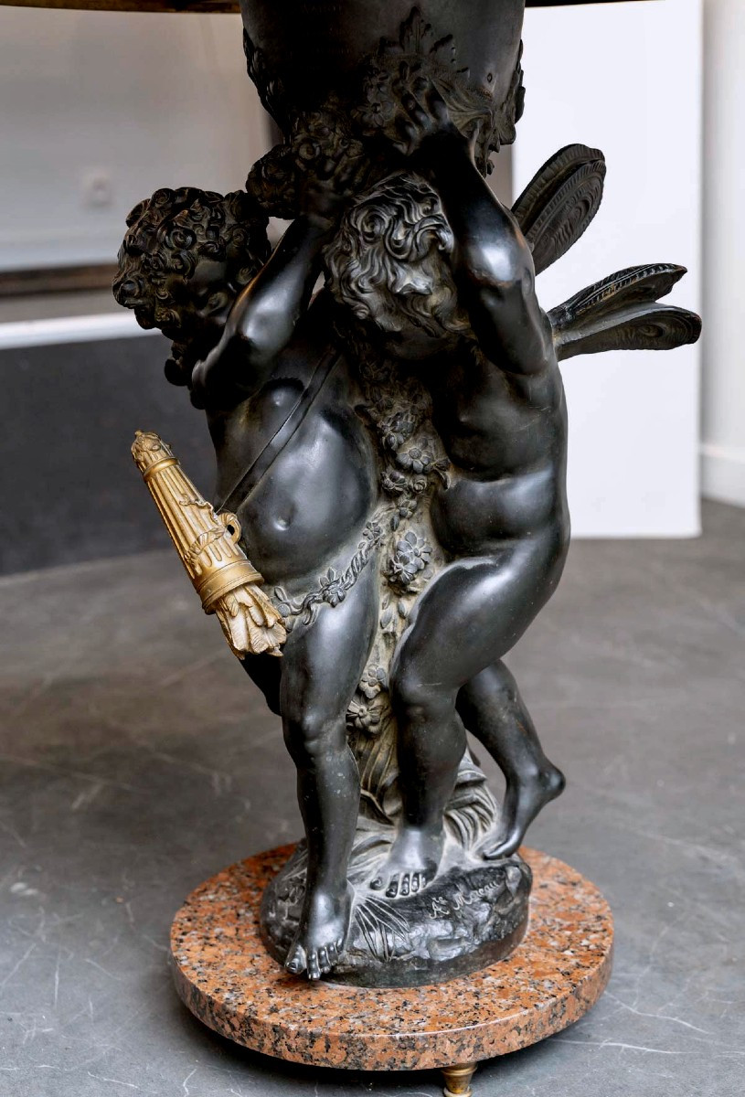 Psyche And Cupid, Auguste Moreau (1834-1917), A Bronze And Granit Marble Gueridon-photo-4