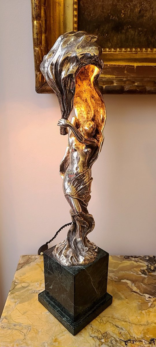 Fernand Ouillon-Carrere (1879-1959)  Loïe Fuller,  Veilleuse en bronze Art Nouveau circa 1905-photo-2