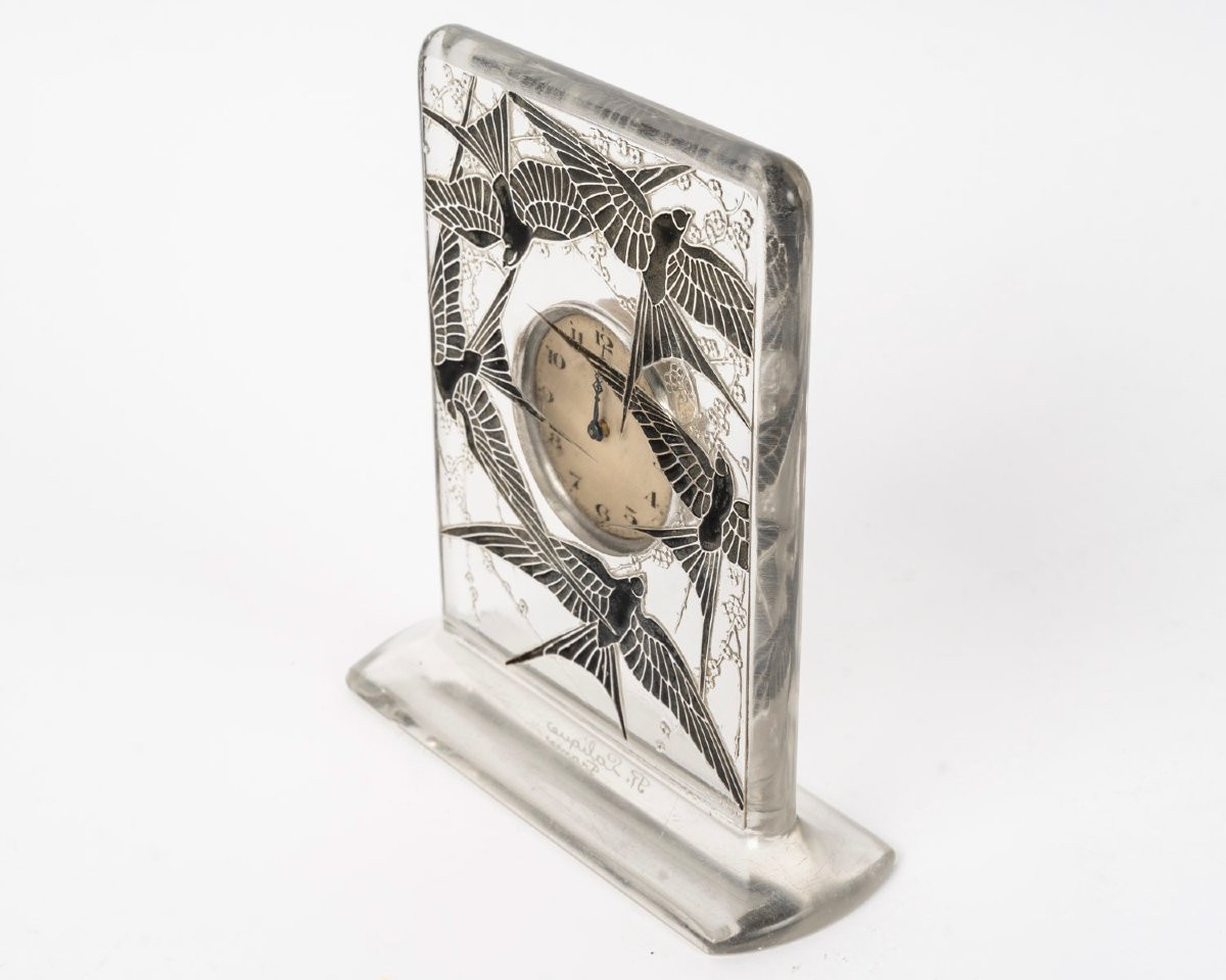 René Lalique Pendulette 8 Jours « Cinq Hirondelles » Glass Clock, 1920-photo-2