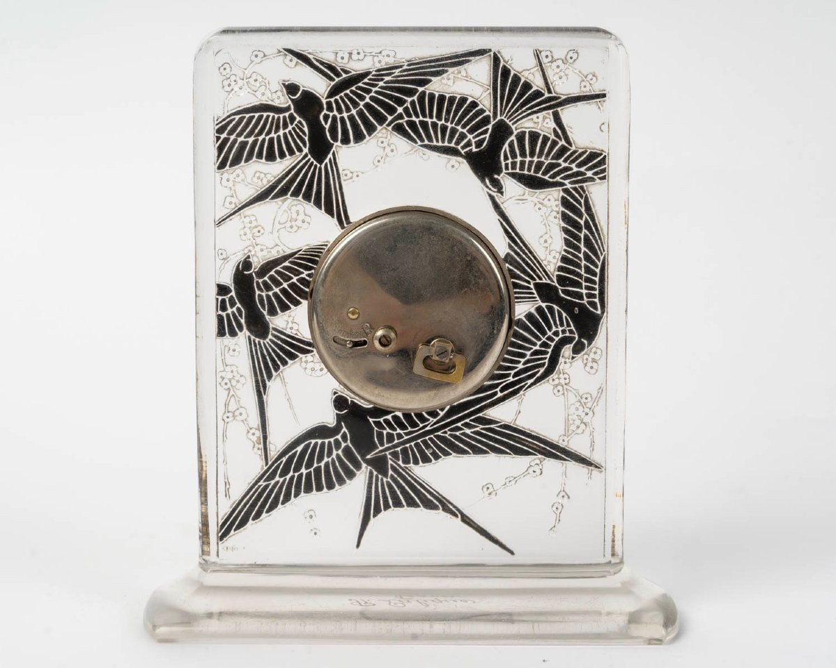 René Lalique Pendulette 8 Jours « Cinq Hirondelles » Glass Clock, 1920-photo-3