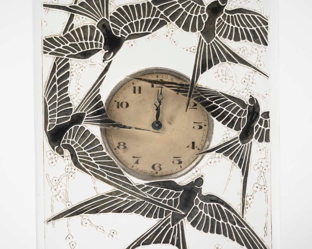 René Lalique Pendulette 8 Jours « Cinq Hirondelles » Glass Clock, 1920-photo-4
