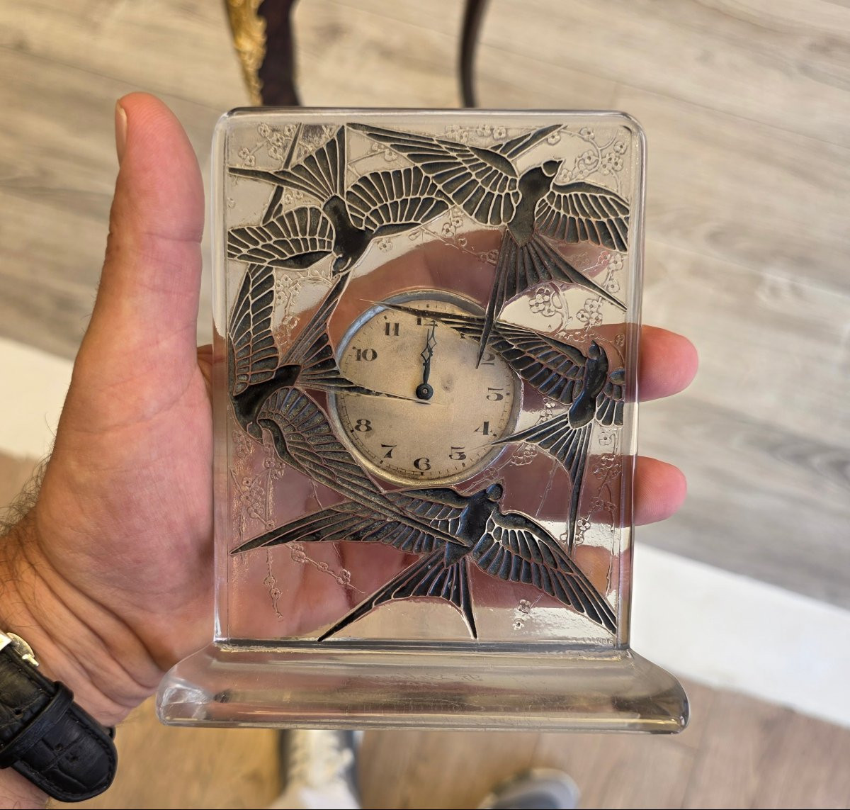 René Lalique Pendulette 8 Jours « Cinq Hirondelles » Glass Clock, 1920-photo-4