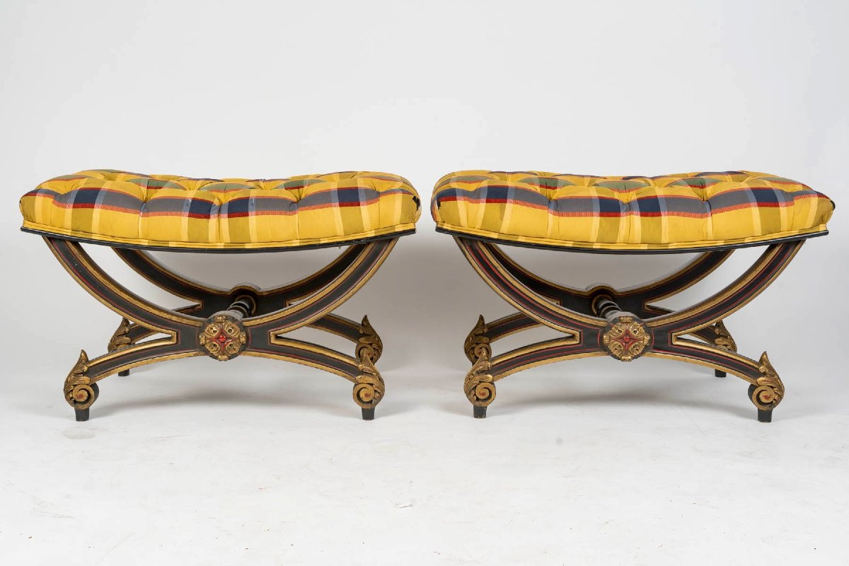 Paire de Larges Tabourets Curules Napoléon III, circa 1900 , attribués  à Maison Jansen-photo-3