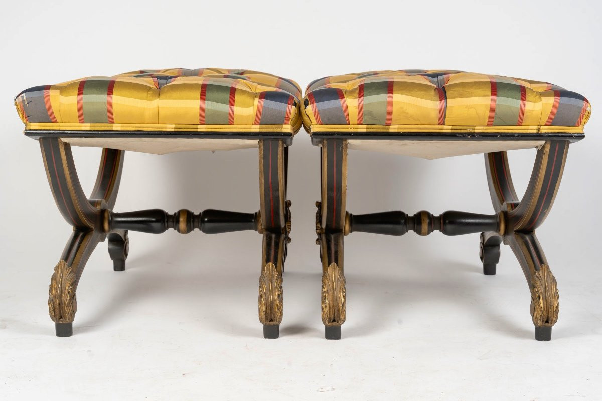 Paire de Larges Tabourets Curules Napoléon III, circa 1900 , attribués  à Maison Jansen-photo-4