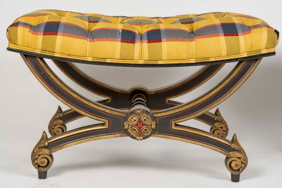Paire de Larges Tabourets Curules Napoléon III, circa 1900 , attribués  à Maison Jansen-photo-1