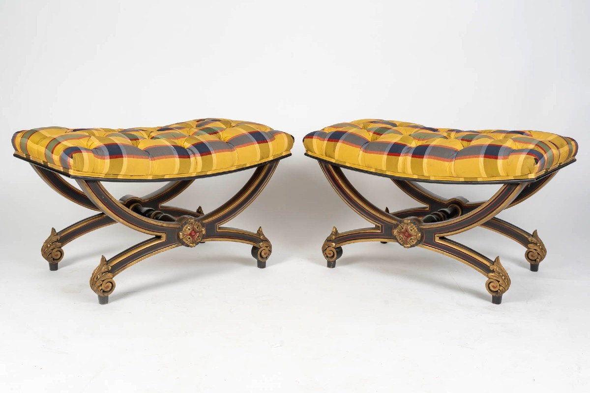 Paire de Larges Tabourets Curules Napoléon III, circa 1900 , attribués  à Maison Jansen