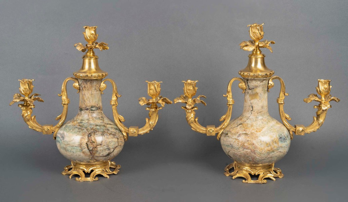 A 19th Century French Pair Of Ormolu-mounted Fluorite Spar Candelabras 