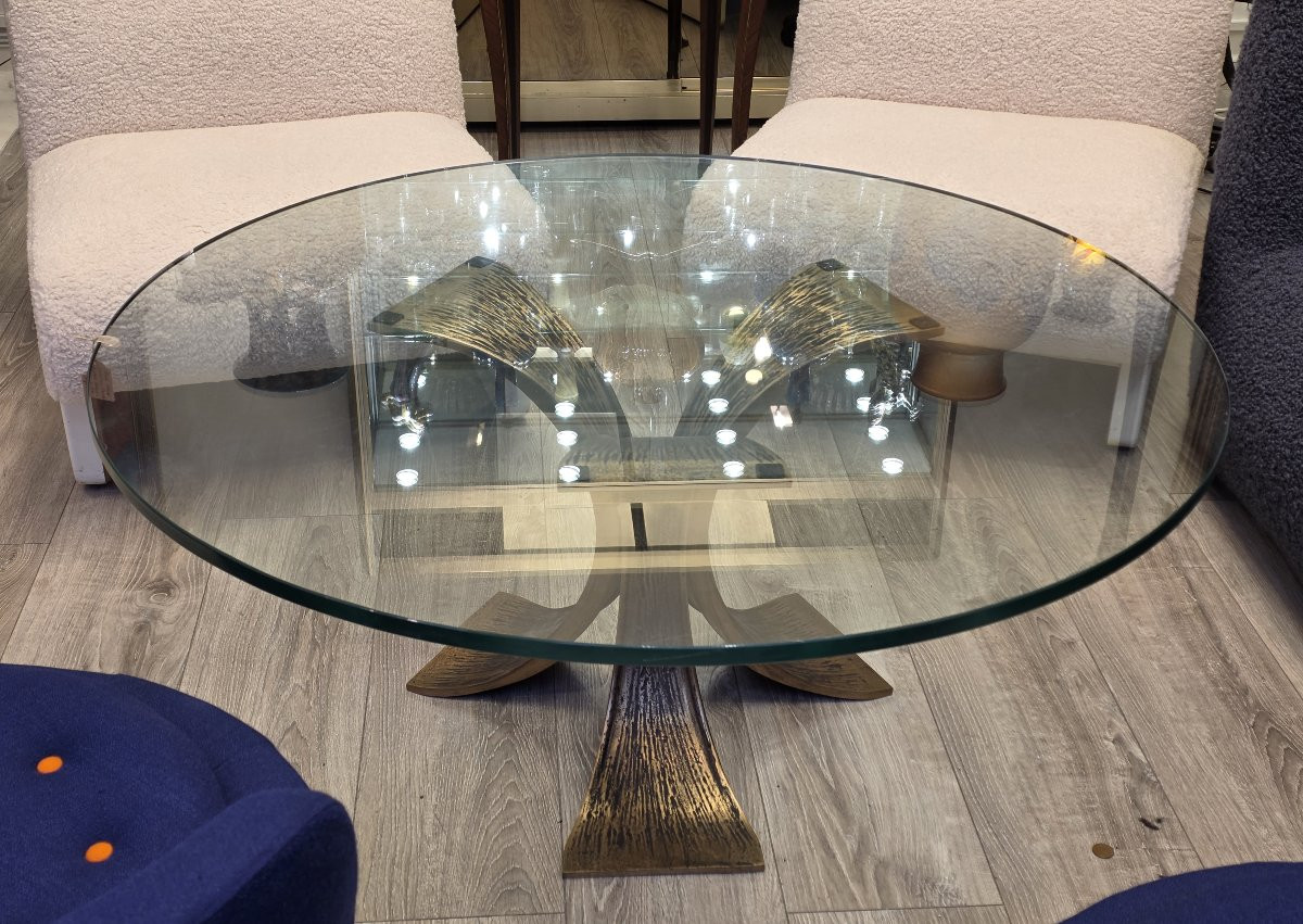 Luciano Frigerio (1928-1999) Table basse en bronze martelé, Style Brutaliste, circa 1970-photo-3