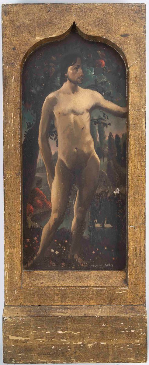 Marcel Gillis (Belgique, XXe siècle) Adam et Ève, 1931 Diptyque, huile sur panneaux-photo-2