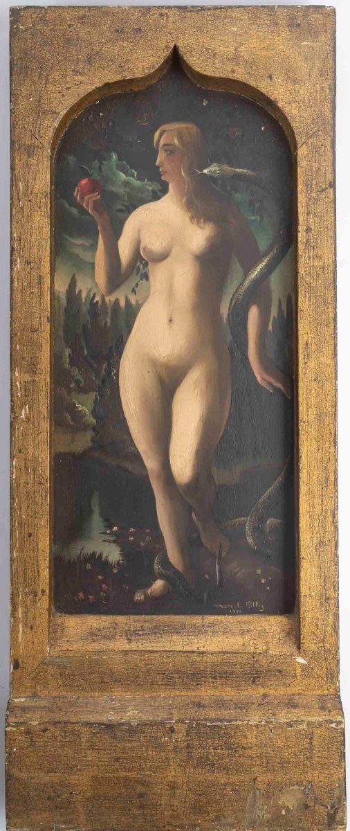 Marcel Gillis (Belgique, XXe siècle) Adam et Ève, 1931 Diptyque, huile sur panneaux-photo-3