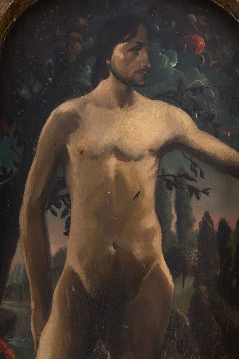 Marcel Gillis (Belgique, XXe siècle) Adam et Ève, 1931 Diptyque, huile sur panneaux-photo-1