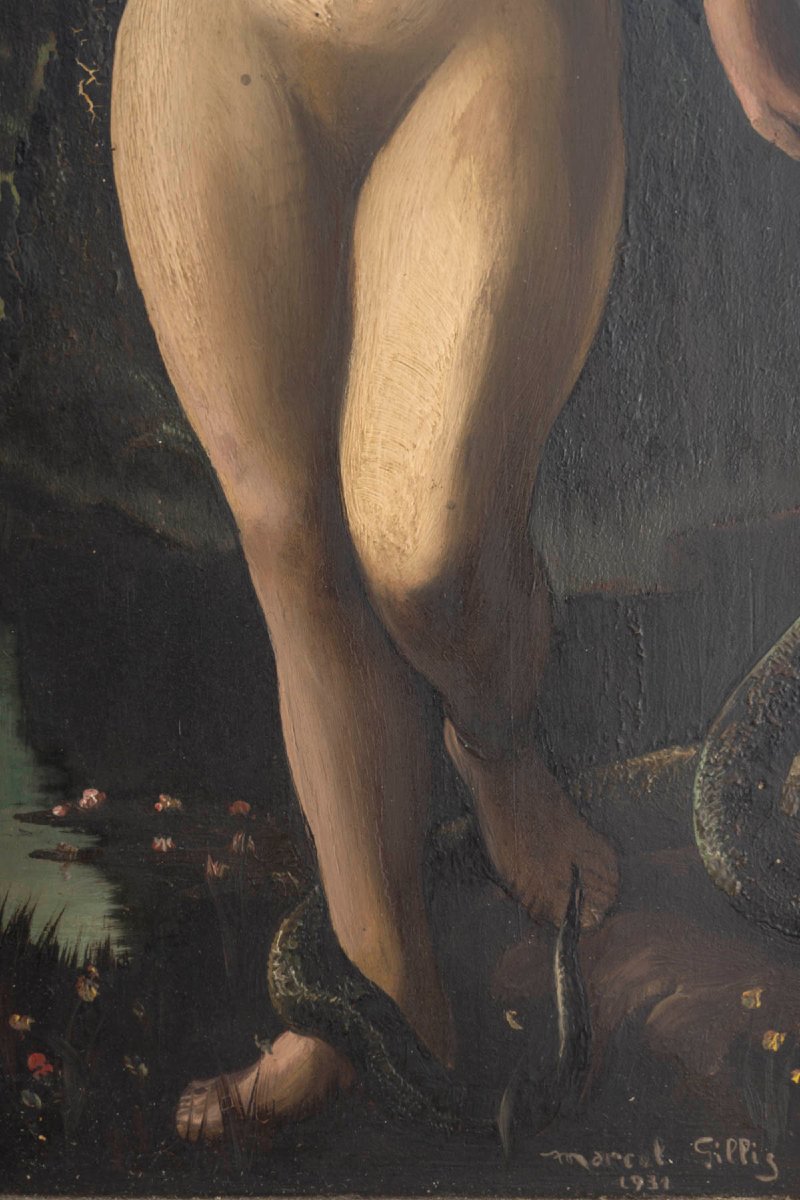 Marcel Gillis (Belgique, XXe siècle) Adam et Ève, 1931 Diptyque, huile sur panneaux-photo-4