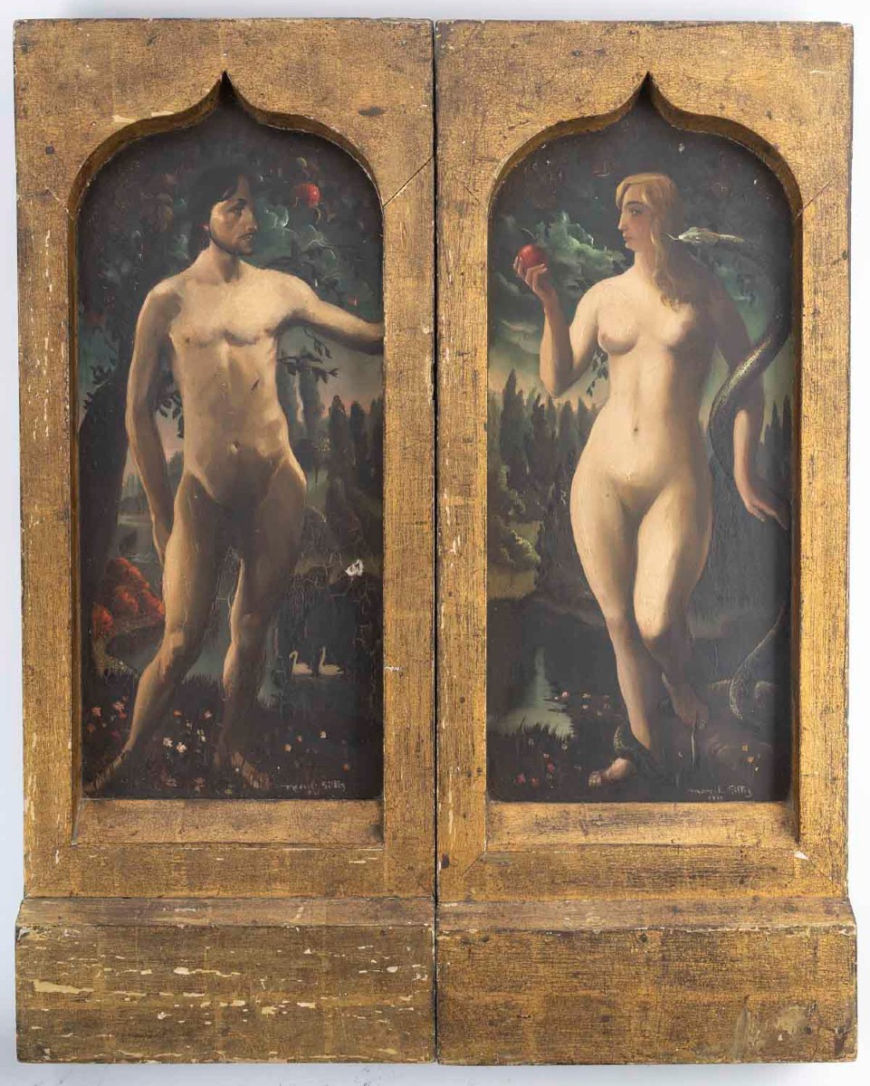 Marcel Gillis (Belgique, XXe siècle) Adam et Ève, 1931 Diptyque, huile sur panneaux