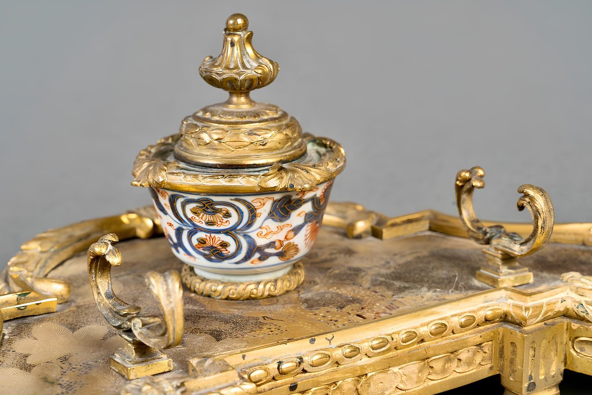 Encrier Napoléon III Japonisant en Bronze Doré, Laque et Porcelaine , vers 1880-photo-1