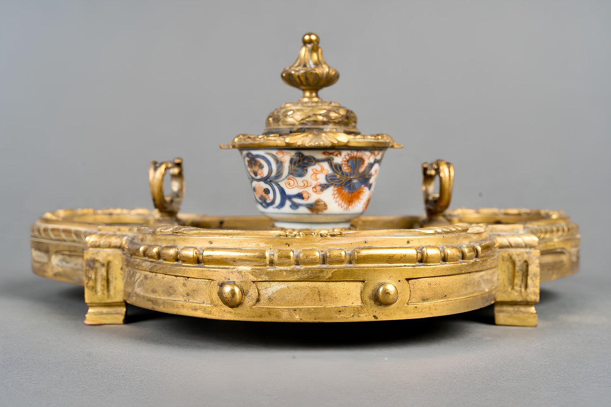 Encrier Napoléon III Japonisant en Bronze Doré, Laque et Porcelaine , vers 1880-photo-2