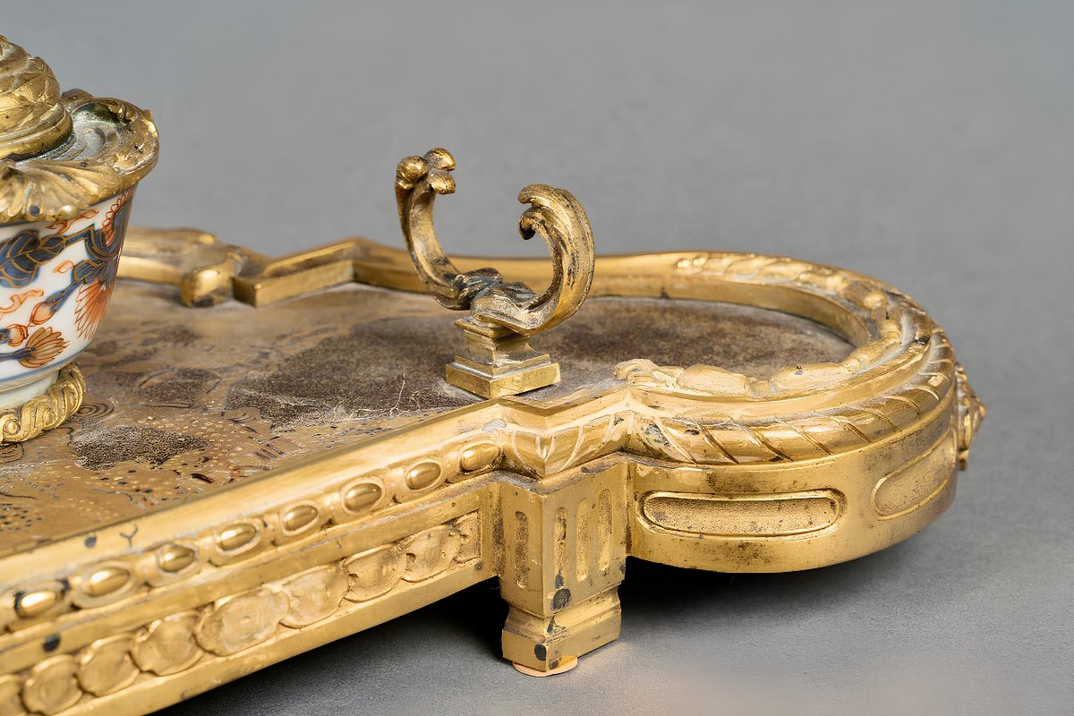 Encrier Napoléon III Japonisant en Bronze Doré, Laque et Porcelaine , vers 1880-photo-3