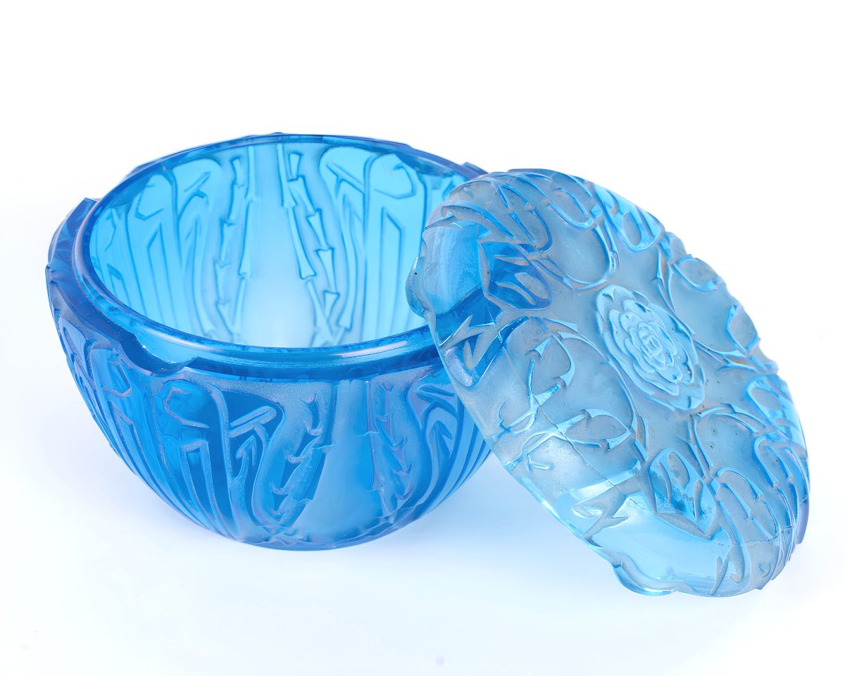 1911 René Lalique - Boîte Quatre Scarabées en verre Bleu Électrique-photo-4