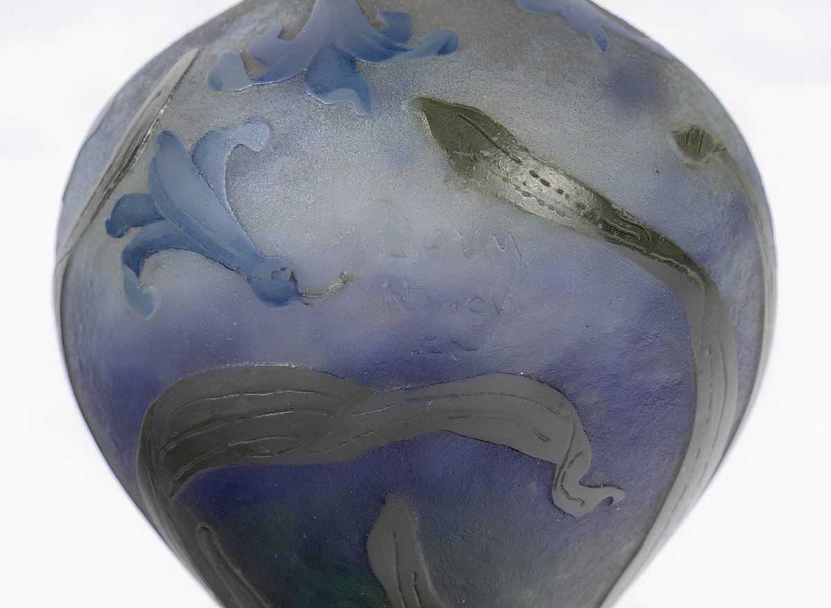 " Jacinthes". Vase Art nouveau Daum Nancy Croix de Lorraine , circa 900-photo-6