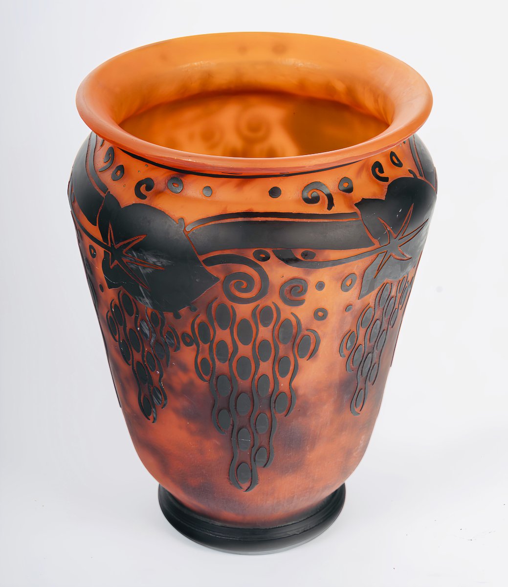 Daum Nancy And Croix De Lorraine, Orange Glass Vase With Black Markings, Circa 1925-photo-2