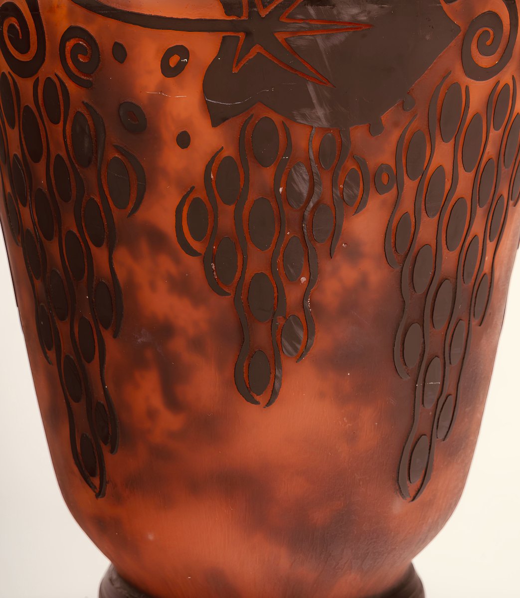 Daum Nancy And Croix De Lorraine, Orange Glass Vase With Black Markings, Circa 1925-photo-4
