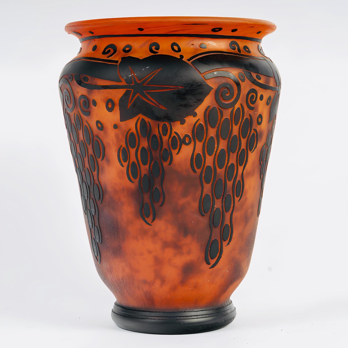 Daum Nancy And Croix De Lorraine, Orange Glass Vase With Black Markings, Circa 1925