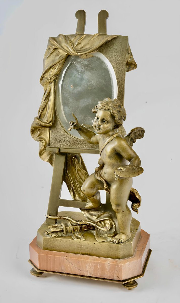 Sculpture Allégorique en Bronze du XIXe Siècle,  L'Amour Peintre au Miroir , circa 1890-photo-2
