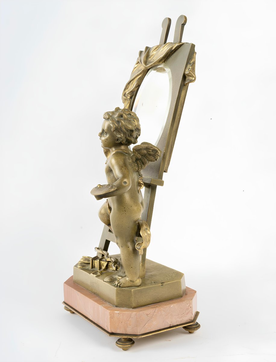 Sculpture Allégorique en Bronze du XIXe Siècle,  L'Amour Peintre au Miroir , circa 1890-photo-3