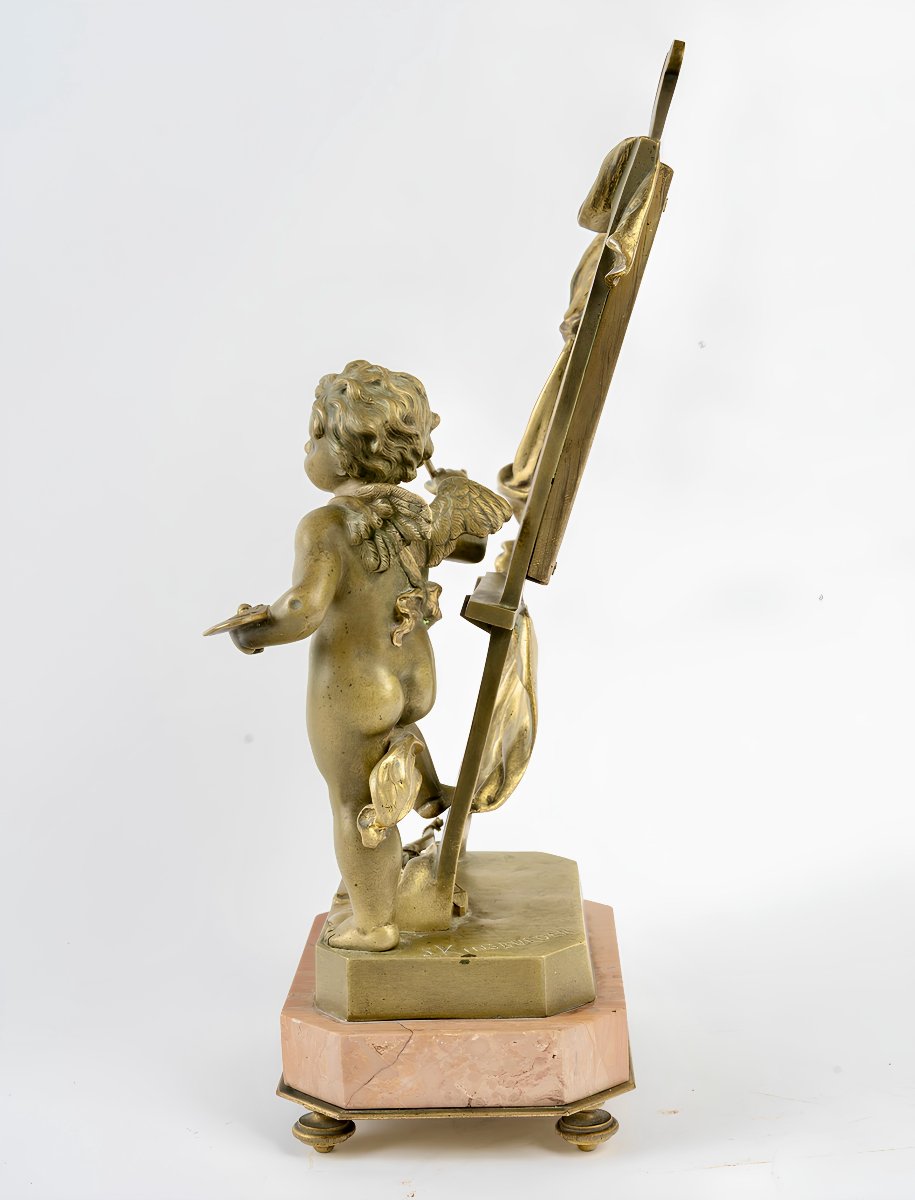 Sculpture Allégorique en Bronze du XIXe Siècle,  L'Amour Peintre au Miroir , circa 1890-photo-4