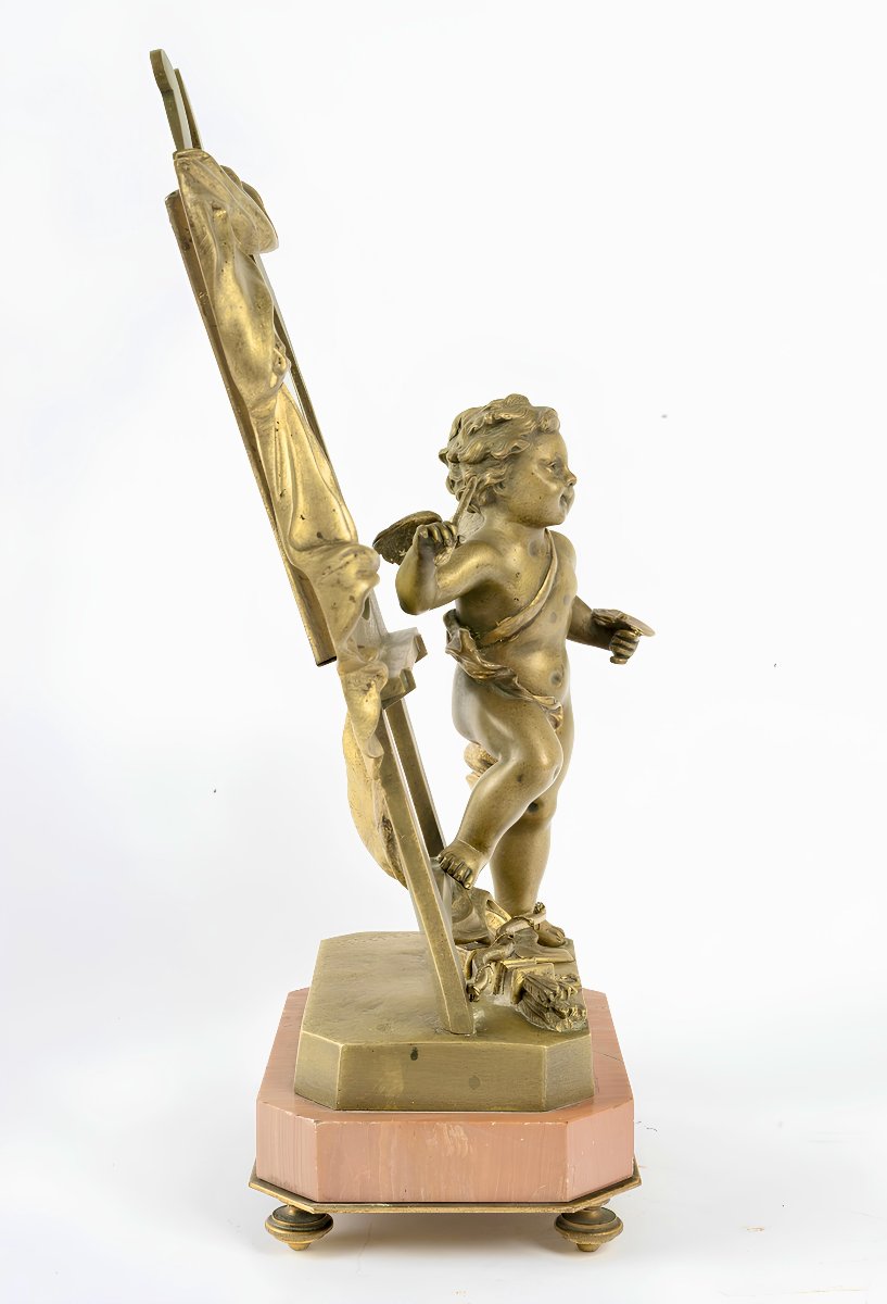 Sculpture Allégorique en Bronze du XIXe Siècle,  L'Amour Peintre au Miroir , circa 1890-photo-2