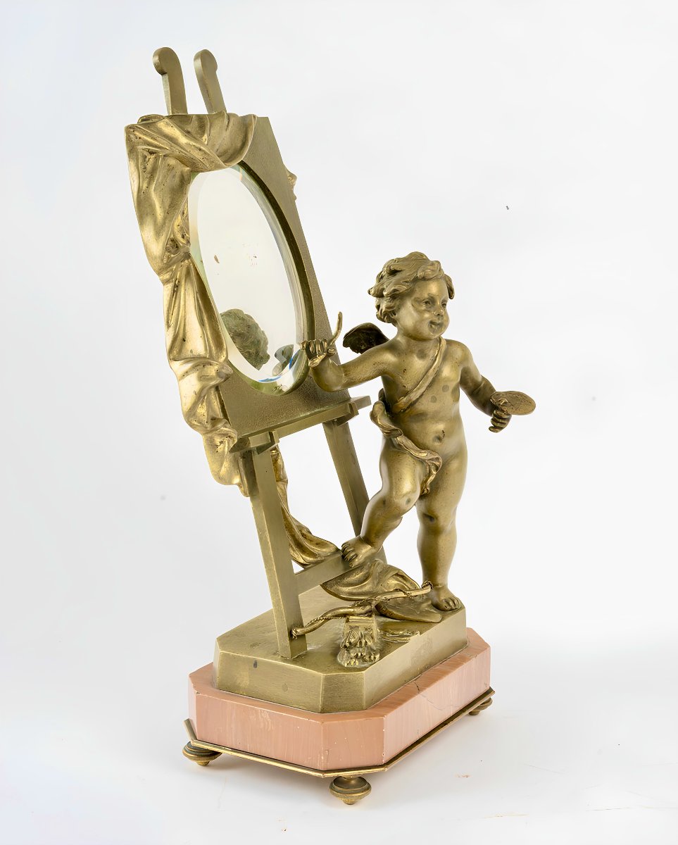 Sculpture Allégorique en Bronze du XIXe Siècle,  L'Amour Peintre au Miroir , circa 1890-photo-3