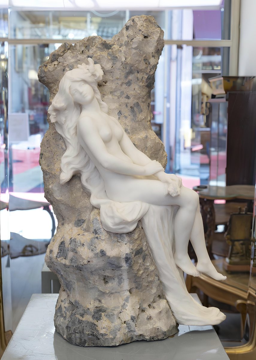 Hippolyte François Moreau (1832–1927) Grande Sculpture en Marbre Blanc d'une Nymphe Art Nouveau-photo-2
