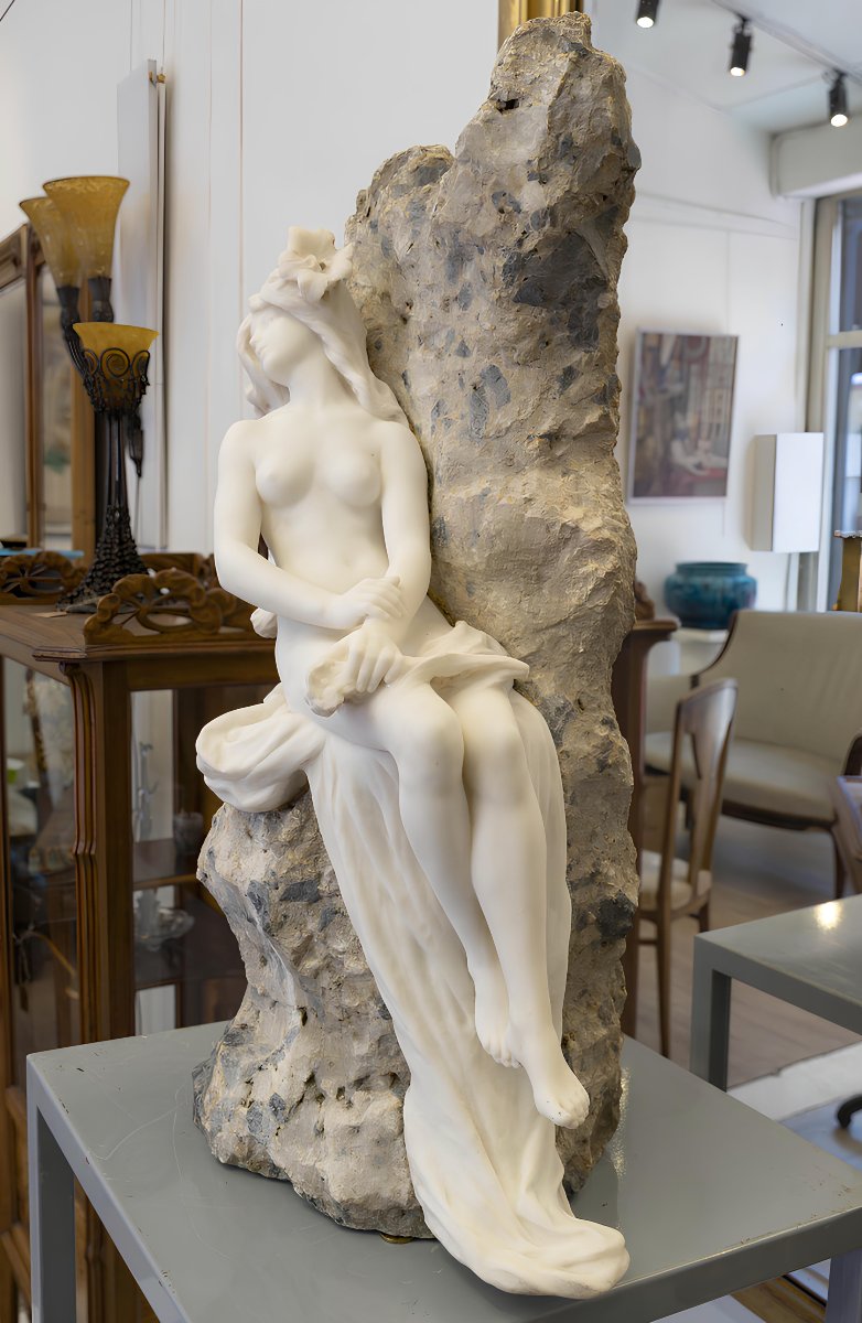 Hippolyte François Moreau (1832–1927) Grande Sculpture en Marbre Blanc d'une Nymphe Art Nouveau-photo-4