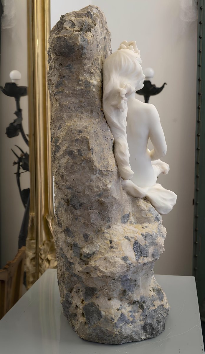 Hippolyte François Moreau (1832–1927) Grande Sculpture en Marbre Blanc d'une Nymphe Art Nouveau-photo-2