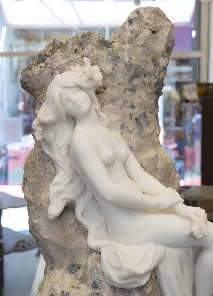 Hippolyte François Moreau (1832–1927) Grande Sculpture en Marbre Blanc d'une Nymphe Art Nouveau-photo-3