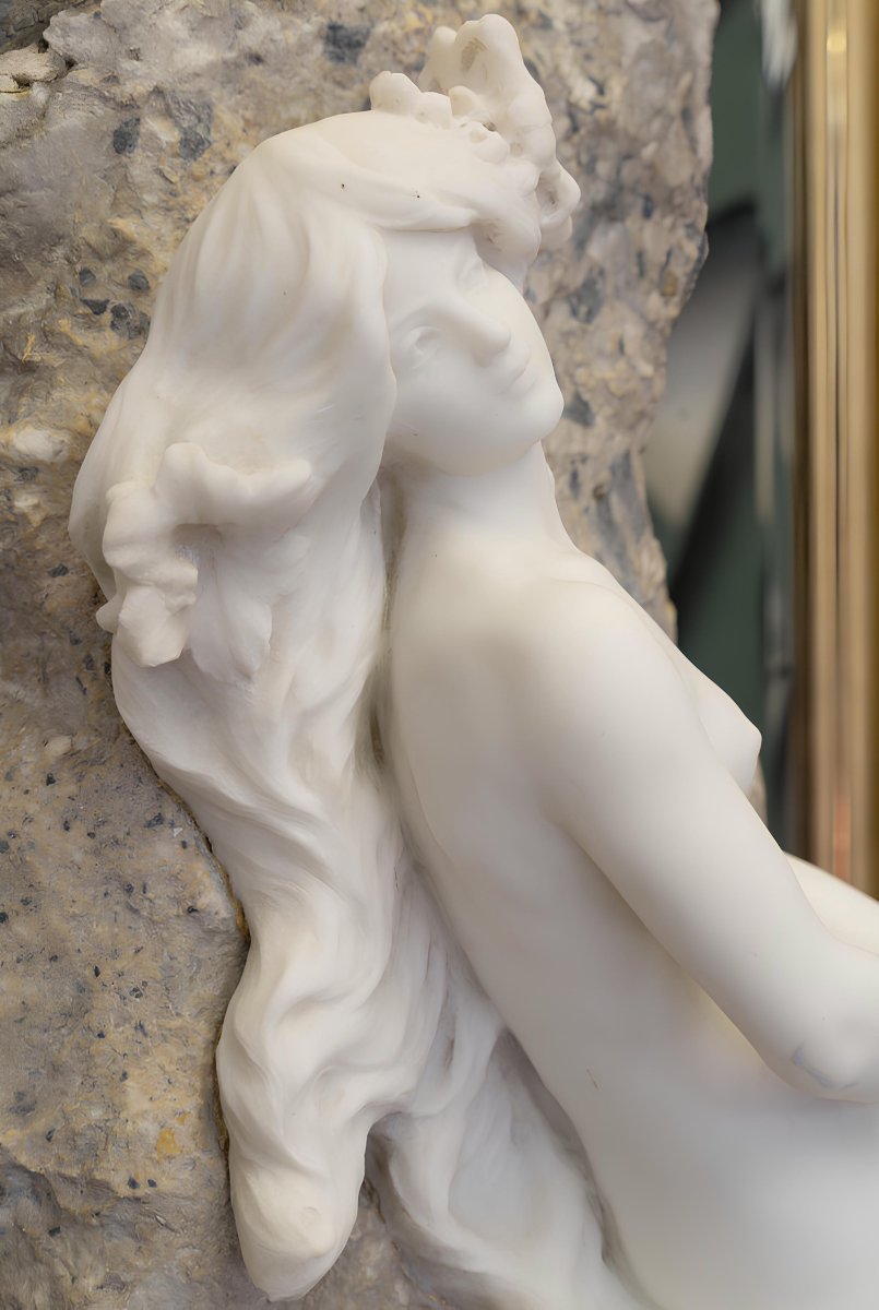 Hippolyte François Moreau (1832–1927) Grande Sculpture en Marbre Blanc d'une Nymphe Art Nouveau-photo-4