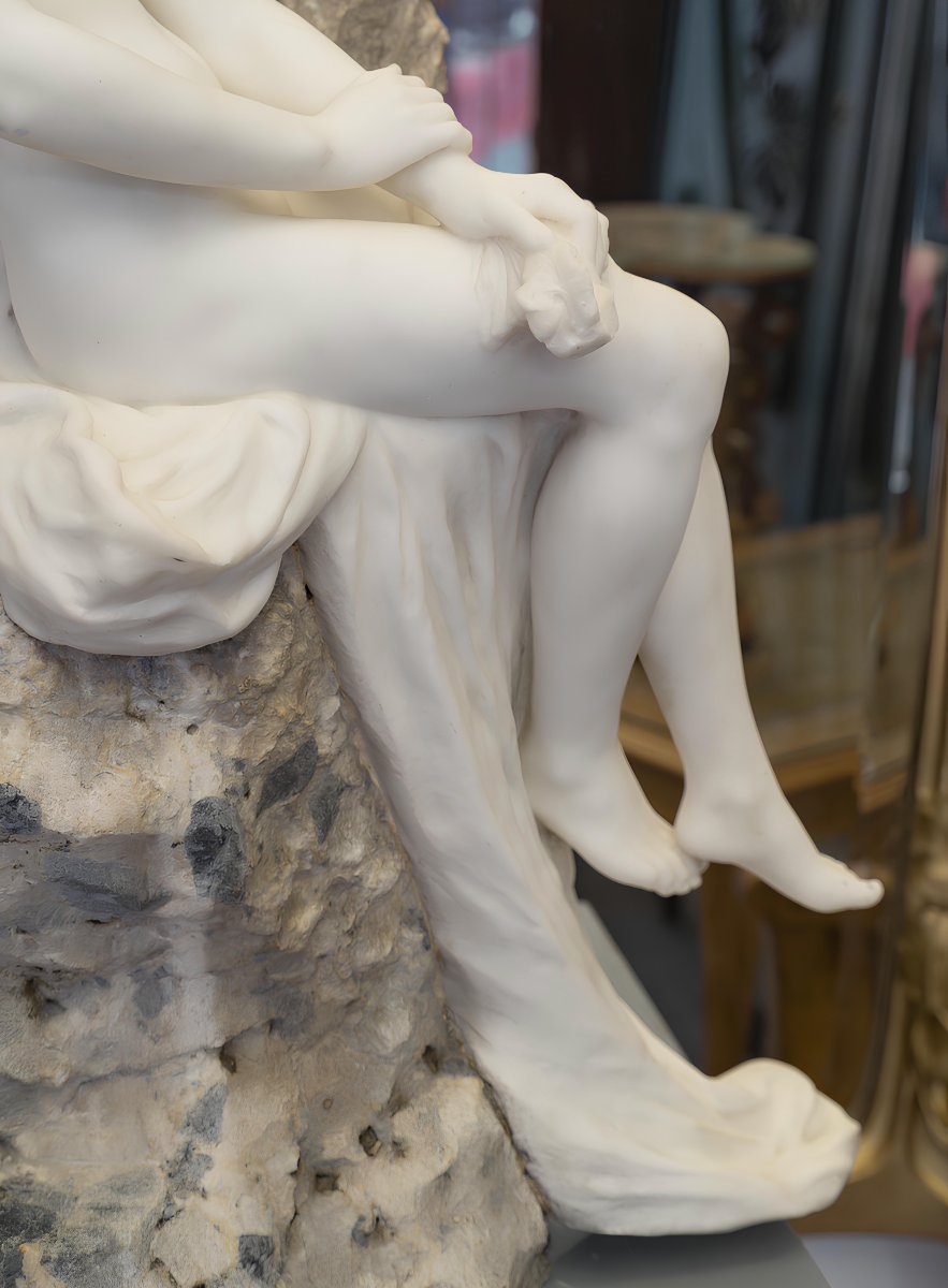 Hippolyte François Moreau (1832–1927) Grande Sculpture en Marbre Blanc d'une Nymphe Art Nouveau-photo-6
