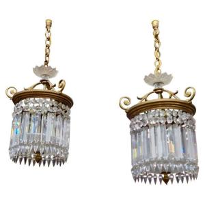 19th Century French Pair Of Belle époque Baccarat Crystal “crinoline” Plafonniers