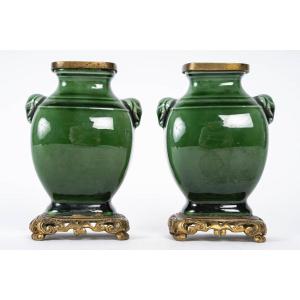 Théodore Deck (1823 - 1891) Paire De Vases Miniatures En Faïence, Circa 1870